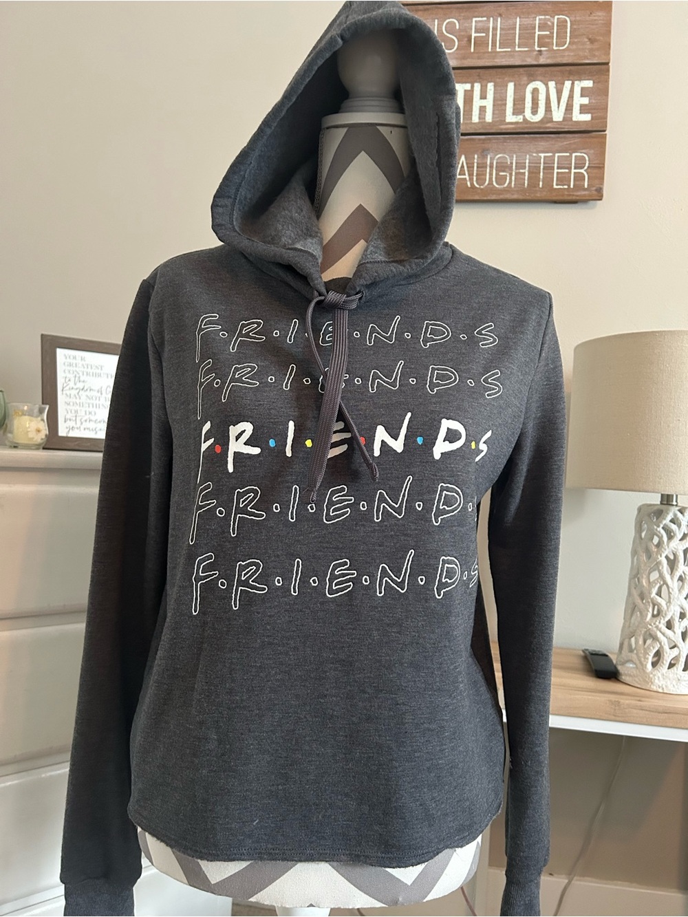 FRIENDS Charcoal Hoodie Sweater with Multicolor Dot Accents